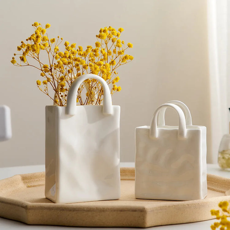 Nordic Vase White Ceramic Bag Flower Vase Decoration