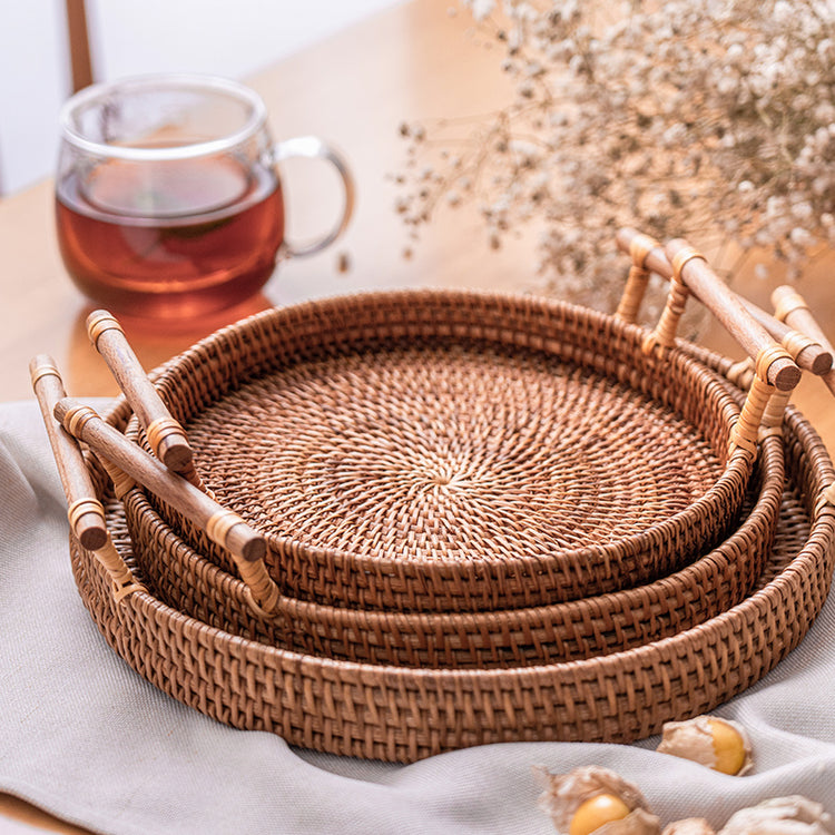 Handwoven Rattan Storage Tray With Wooden Handle For Drinks and Food